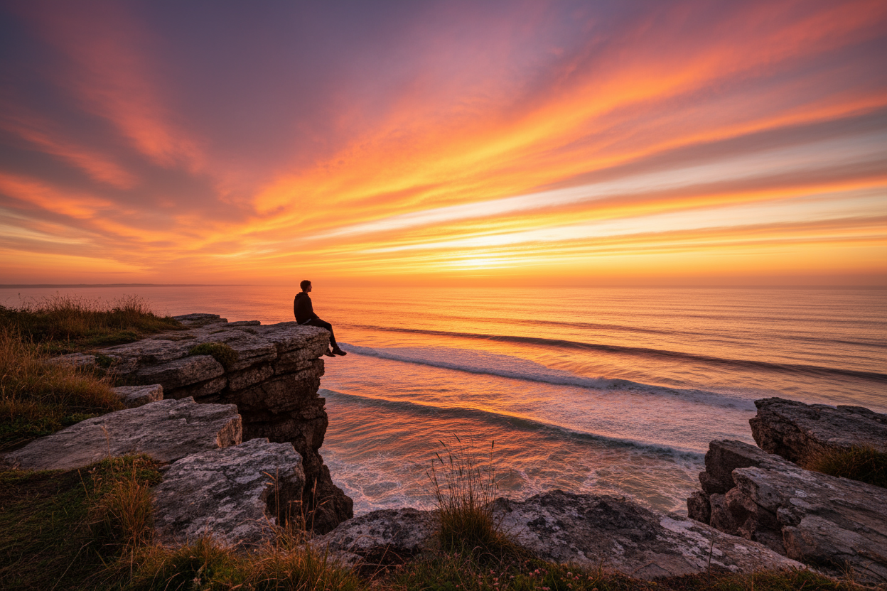 generate a super realstic image of somone sitting on a clif next to the ocean on a sunset make it super realistic 